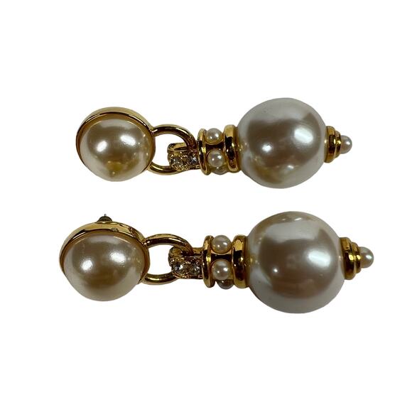 Womens Faux Double Pearl Drop Earrings Gold Tone Dangle Elegant Classic - Picture 4 of 7